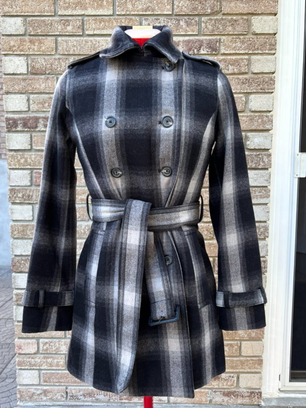 Banana Republic Wool Blend Plaid Peacoat Trench Coat Belted Gray Black Women's S